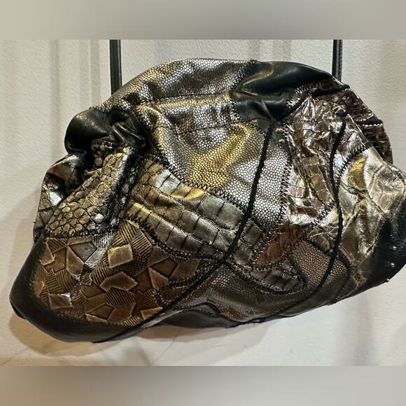 Vintage 80s Clemente Black & Silver Metallic Snakeskin Leathe Purse Clutch, RARE - Picture 9 of 14